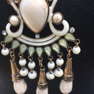 White/Cream Leather, Pewter and Rhinestone “Art-Deco” Look Necklace